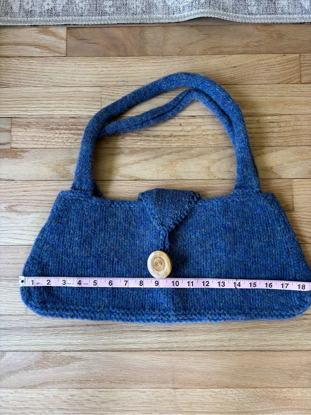 Blue Knit Shoulder Bag with Button Accent